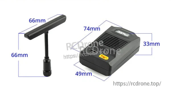 RadioMaster Ranger Nano module and T-antenna size diagram with dimensions (74×49×33mm module; 66mm antenna arms)