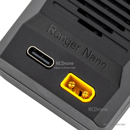 Close-up of Ranger Nano module USB-C port and yellow power connector on the front base