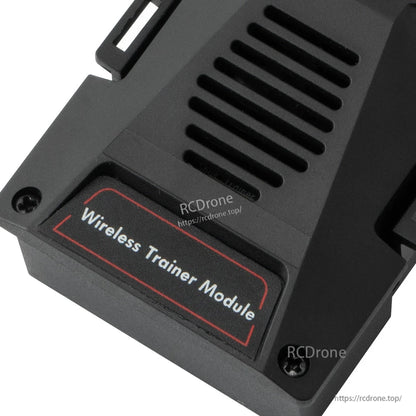 Close-up of Wireless Trainer Module label and vented front panel on RadioMaster module housing