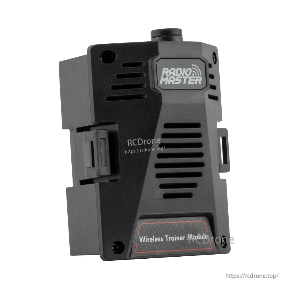 Opposite angled view showing RadioMaster wireless trainer module vented face and side mounting clip