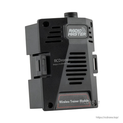 Opposite angled view showing RadioMaster wireless trainer module vented face and side mounting clip