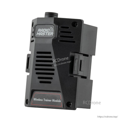 Angled view of RadioMaster wireless trainer module showing side latch clip and top connector nub