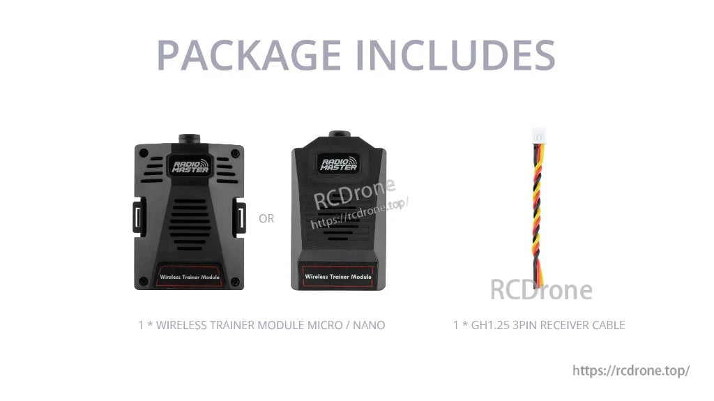 Package contents: one RadioMaster SBUS wireless trainer module (Micro or Nano) and GH1.25 3-pin receiver cable