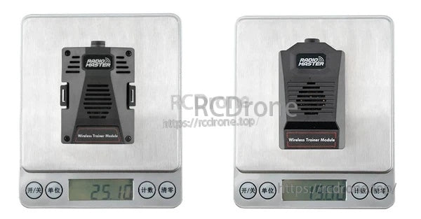 Micro and Nano SBUS trainer modules on digital scales, highlighting lightweight module design