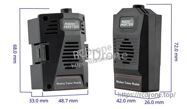 Side-by-side size comparison of Micro and Nano SBUS wireless trainer modules with dimension callouts in mm