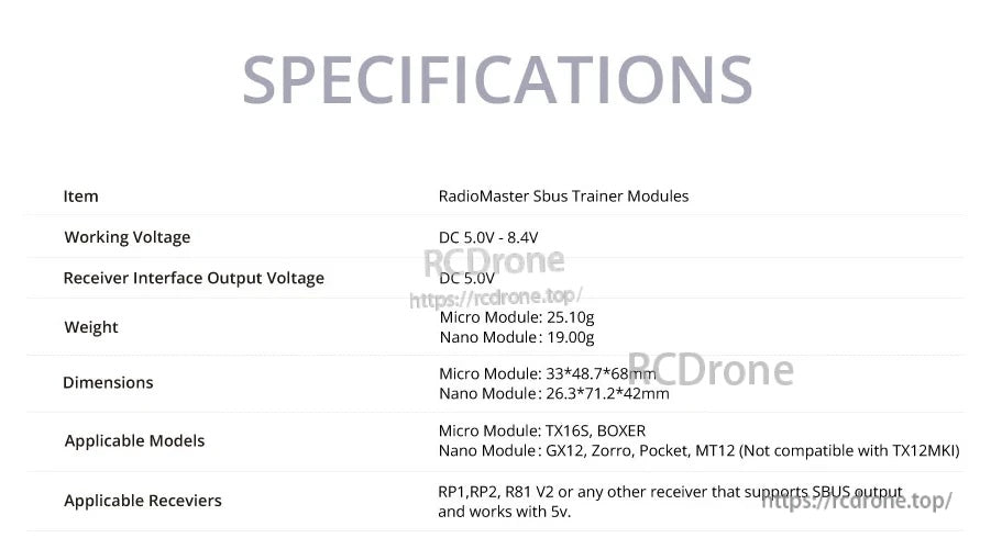 RadioMaster SBUS trainer module specifications table: 5.0–8.4V input, 5V SBUS output, weights and dimensions