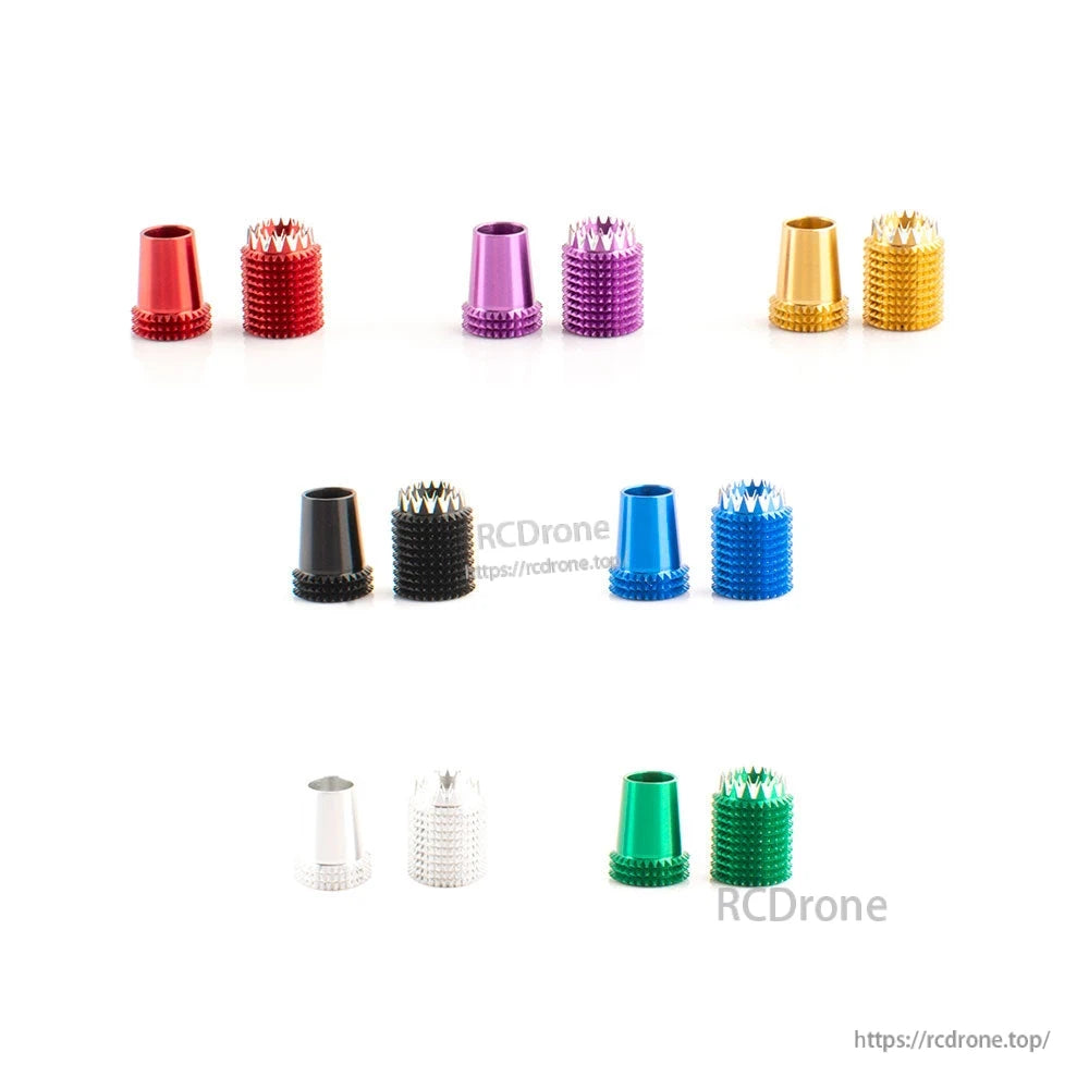 Color lineup of gimbal stick end parts and matching bases in red, purple, gold, black, blue, silver, green