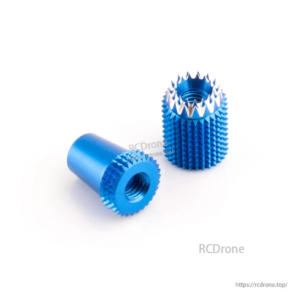Blue anodized knurled gimbal stick ends, showing top teeth and internal threads