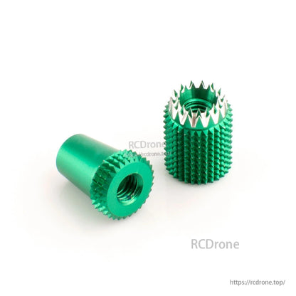 Green anodized knurled gimbal stick ends pair, showing threaded center and grip teeth