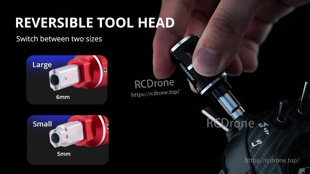 Reversible tool head switches between 6mm and 5mm sizes for common RC radio toggle switch collets