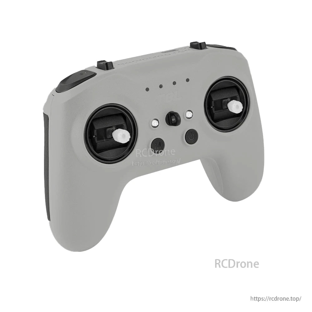 Angled front view of T8L gray controller showing button layout, gimbals, and top switches