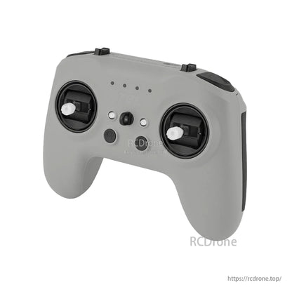 Angled front perspective of T8L gray controller showing gimbals, top switches, and rounded grip shape