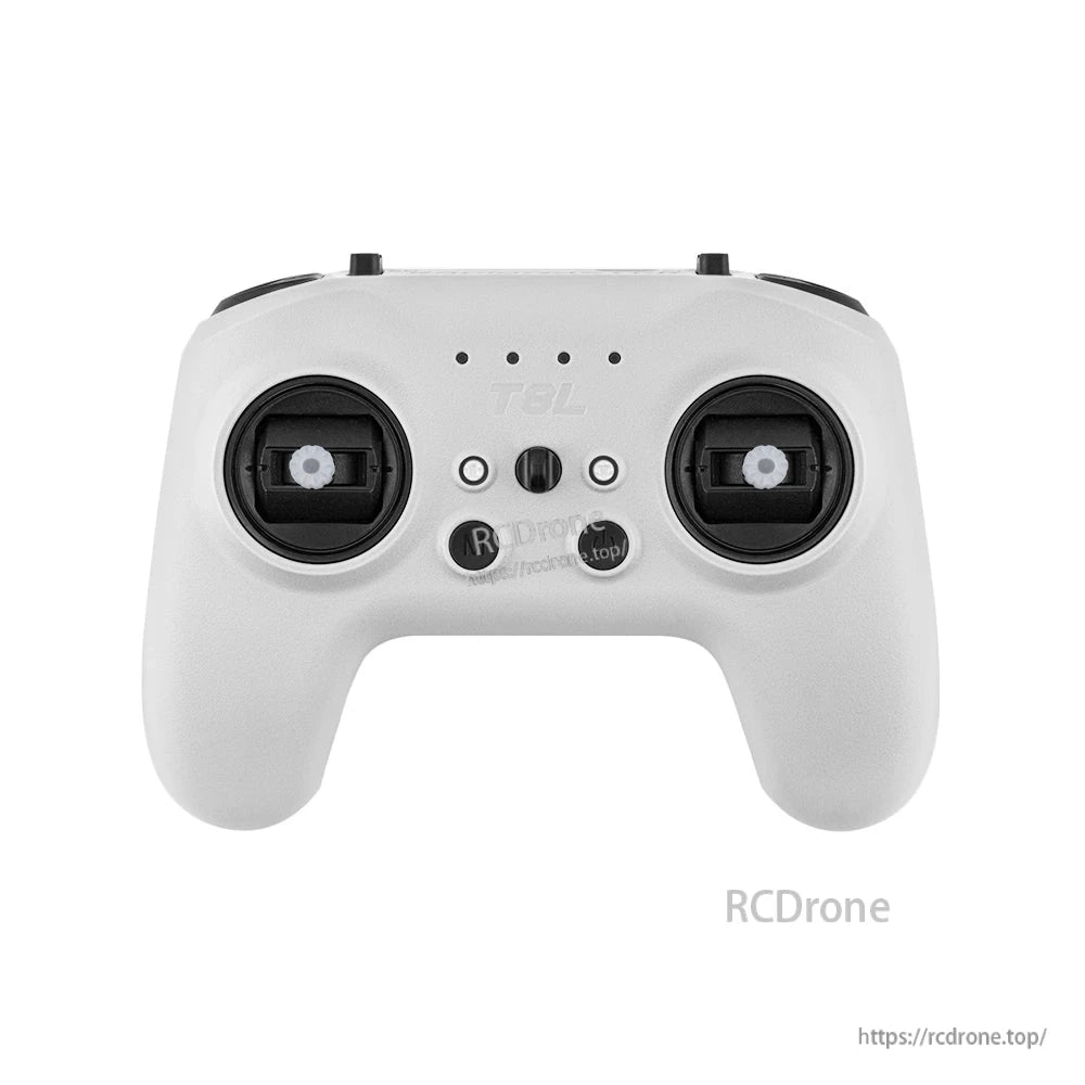 T8L screenless RC transmitter front view in white with dual gimbals, center controls, and indicator LEDs