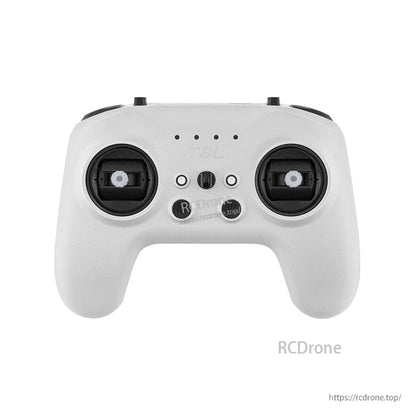 T8L screenless RC transmitter front view in white with dual gimbals, center controls, and indicator LEDs