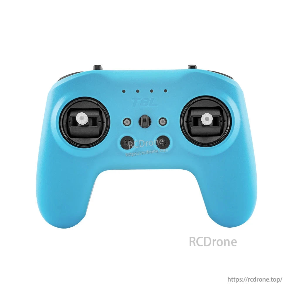 T8L screenless RC transmitter front view in blue showing gimbals, trim/button layout, and status LED holes