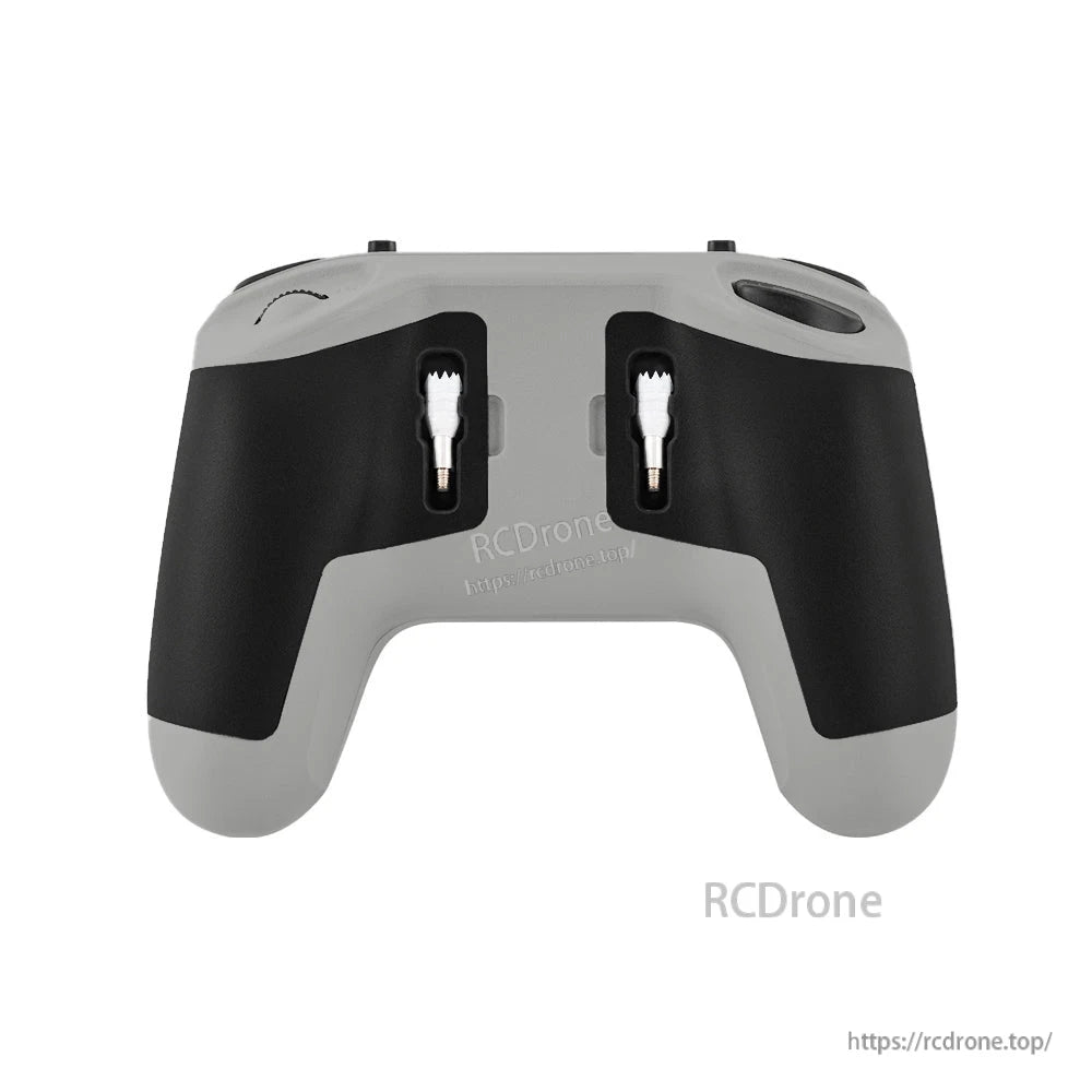 Rear view of T8L controller showing black rubber grips and recessed gimbal stick openings