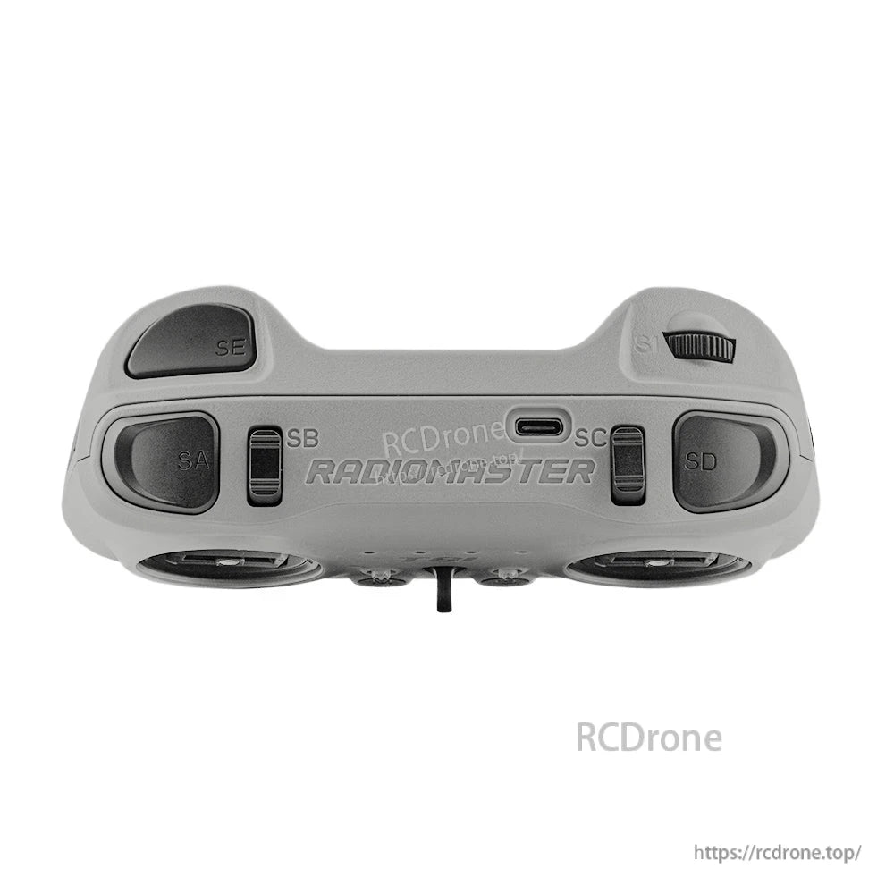 Top edge view of controller showing USB-C port and shoulder buttons/switches labeled SA, SB, SC, SD