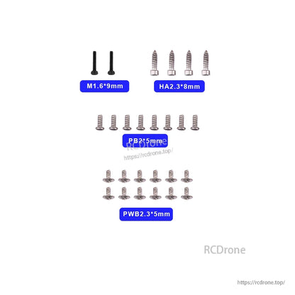 RadioMaster T8L Radio Screw Pack contents with labeled screw sizes M1.6×9mm, HA2.3×8mm, PB2.3×5mm, PWB2.3×5mm