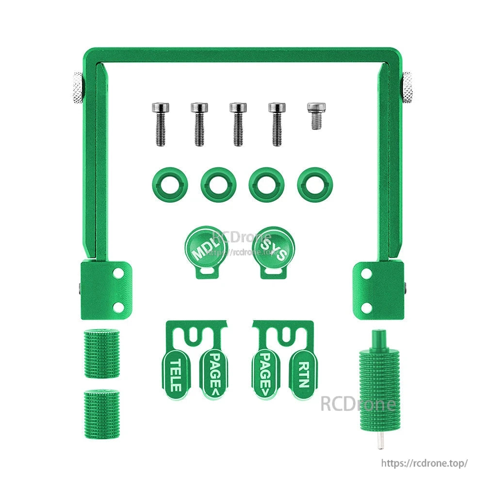 Green CNC aluminum upgrade parts set for TX15, includes handle frame, bolts, washers, switch caps and trim pieces