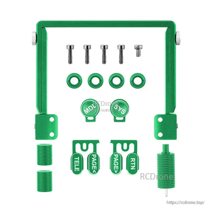 Green CNC aluminum upgrade parts set for TX15, includes handle frame, bolts, washers, switch caps and trim pieces