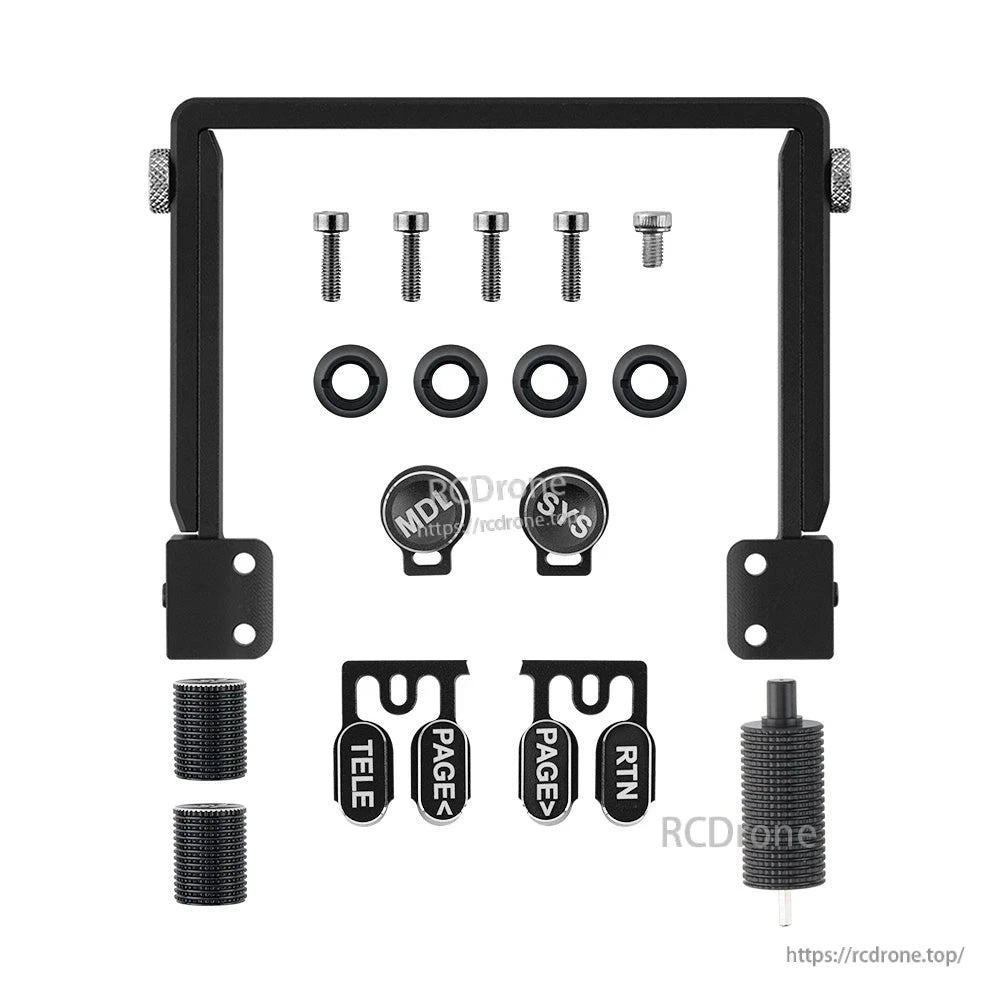Black CNC aluminum TX15 upgrade parts laid out: carry handle, fasteners, washers, MDL/SYS caps, TELE/PAGE/RTN trims