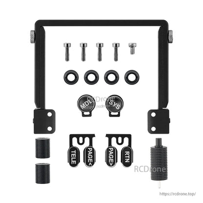 Black CNC aluminum TX15 upgrade parts laid out: carry handle, fasteners, washers, MDL/SYS caps, TELE/PAGE/RTN trims