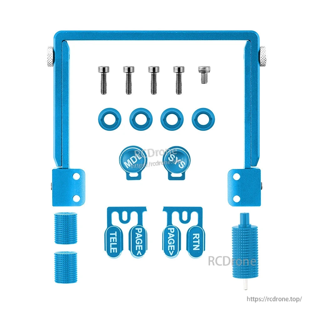 RadioMaster TX15 CNC Upgrade Parts Set in blue, handle bracket with screws, washers, switch caps and label trims