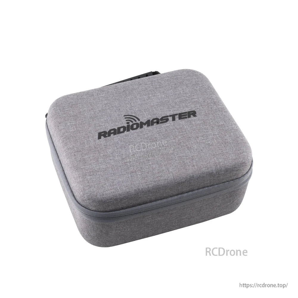 Angled view of gray zippered hard case with RadioMaster logo and wraparound zipper