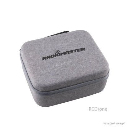 Angled view of gray zippered hard case with RadioMaster logo and wraparound zipper