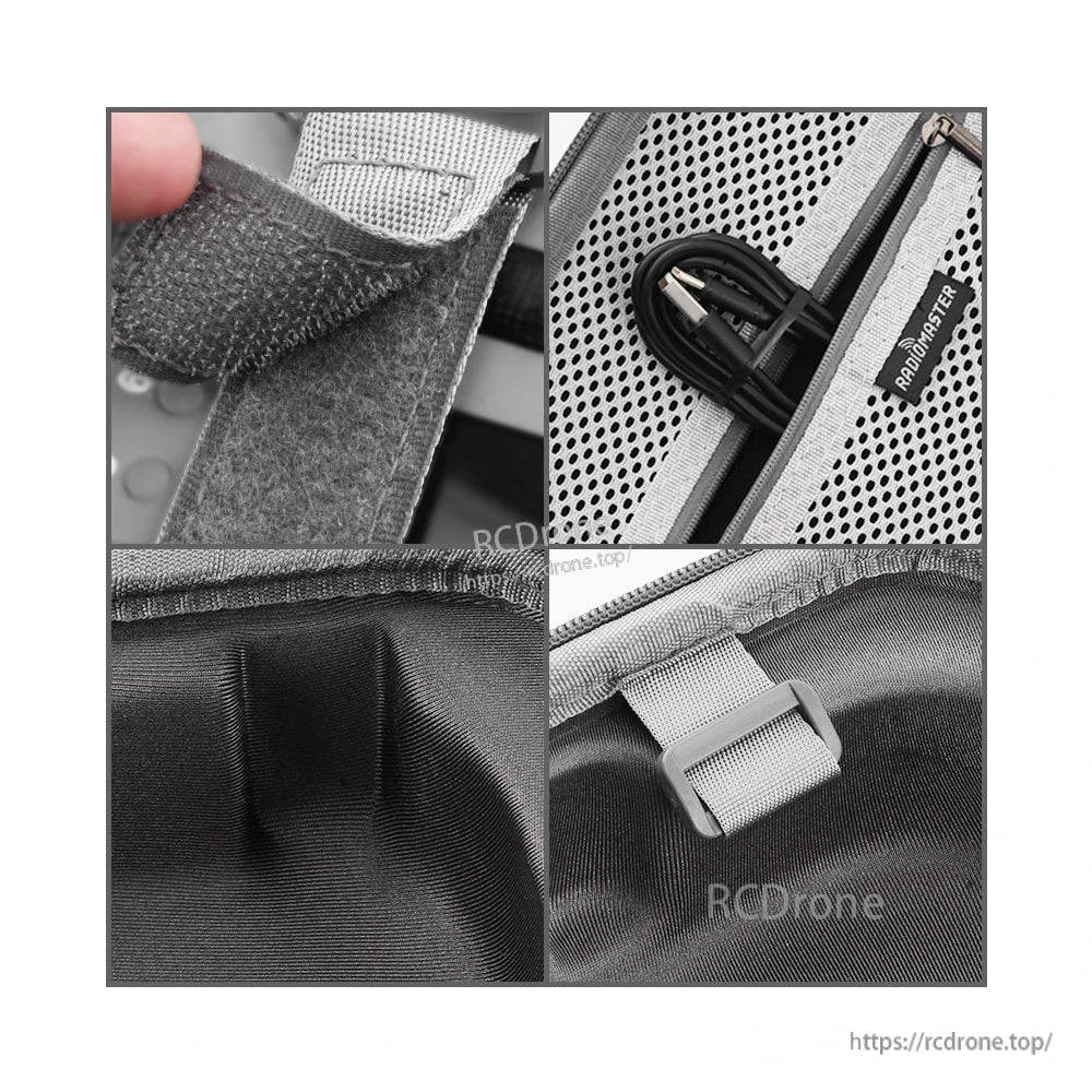 Close-up details of case interior: Velcro strap, mesh pocket zipper, padded lining and buckle