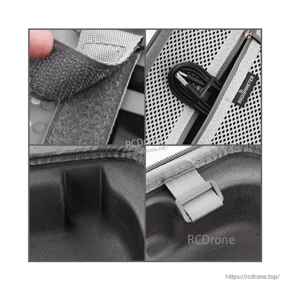 Close-up details of case interior: Velcro strap, mesh pocket zipper, padded lining and buckle