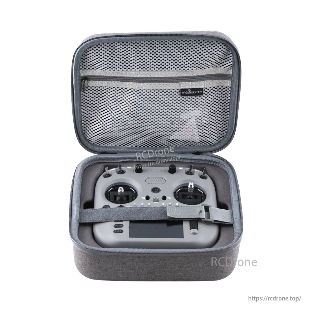 RadioMaster TX15 carry case open view with transmitter fitted, top mesh accessory pocket and strap