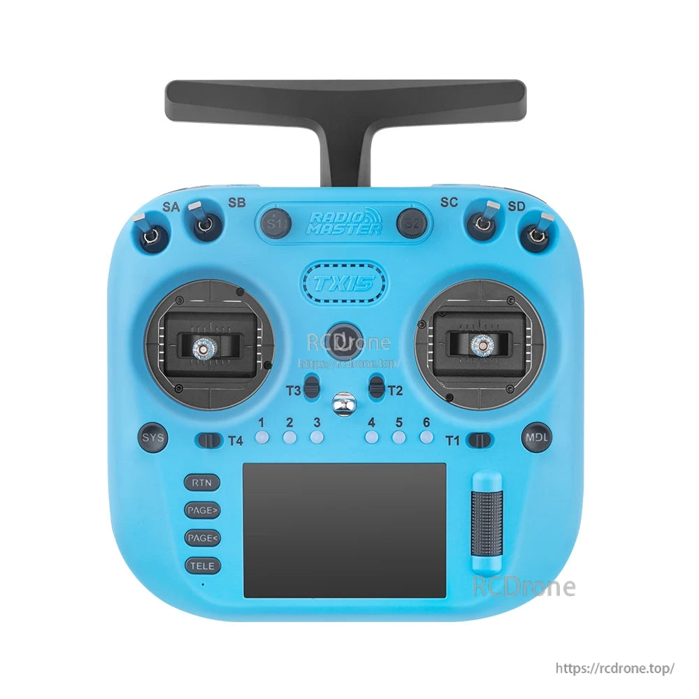 TX15 controller front view, blue version showing stick gimbals, top switches and touchscreen