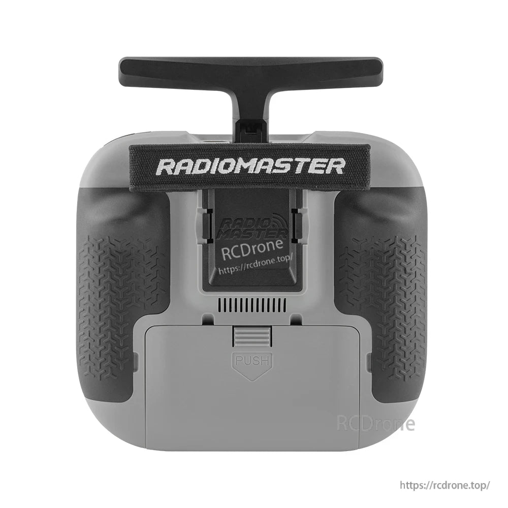 TX15 radio controller rear view showing Radiomaster strap, rear module bay door and grip texture