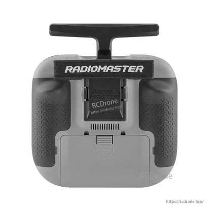 TX15 radio controller rear view showing Radiomaster strap, rear module bay door and grip texture