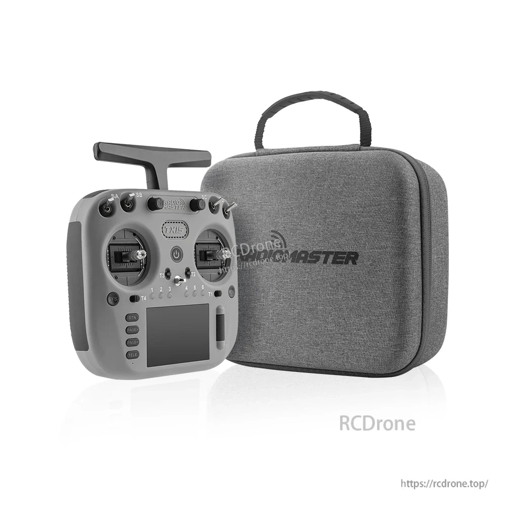 RadioMaster TX15 transmitter shown with fitted carrying case, side-by-side product and case view