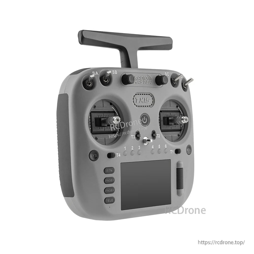 TX15 radio controller angled front-right view highlighting grip texture, switches and touchscreen