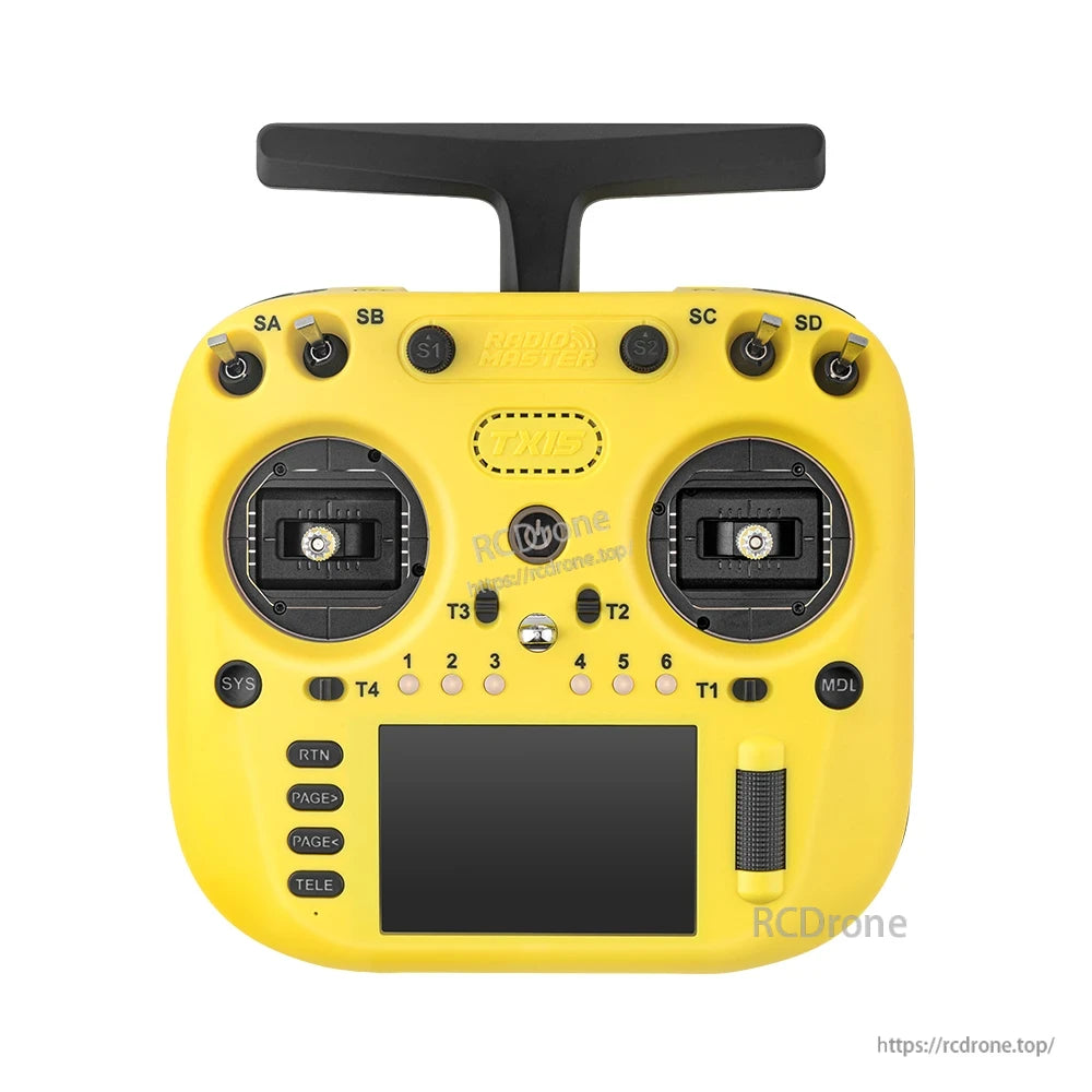 TX15 controller front view, yellow version with top switches, gimbals and touchscreen