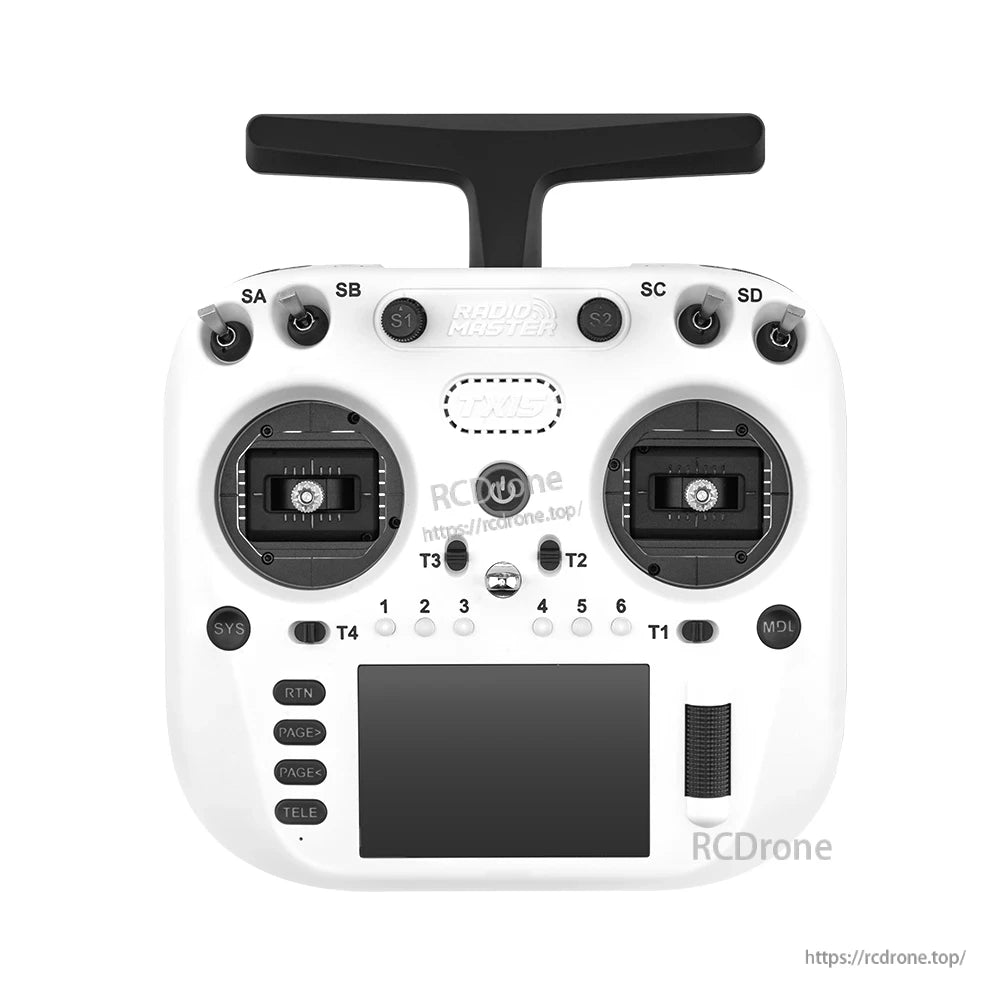 TX15 controller front view, white version showing gimbals, trim buttons and touchscreen