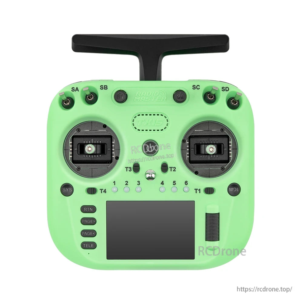 TX15 controller front view, green version with dual gimbals, switches and touchscreen