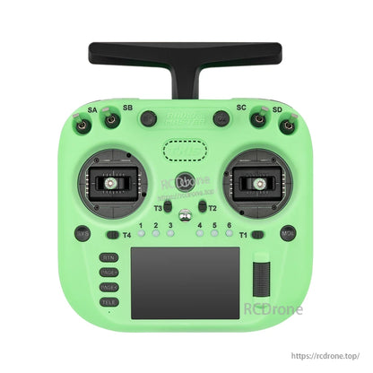TX15 controller front view, green version with dual gimbals, switches and touchscreen