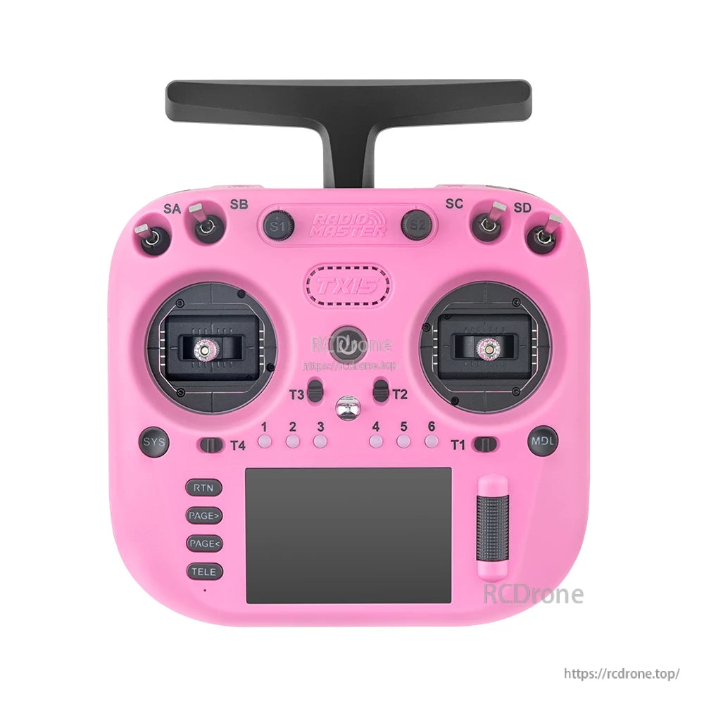 TX15 controller front view, pink version with gimbals, switches and touchscreen display