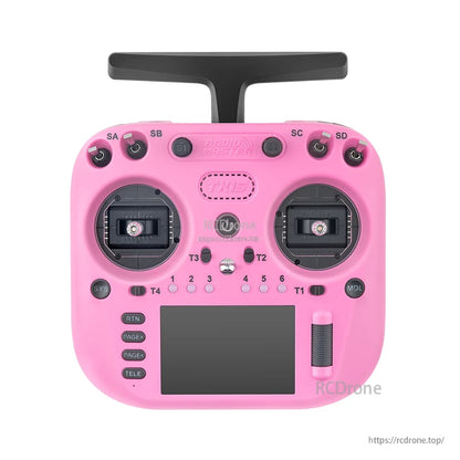 TX15 controller front view, pink version with gimbals, switches and touchscreen display