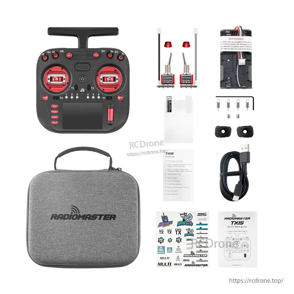 TX15 Max package contents: transmitter, carrying case, spare parts, USB cable, and manuals