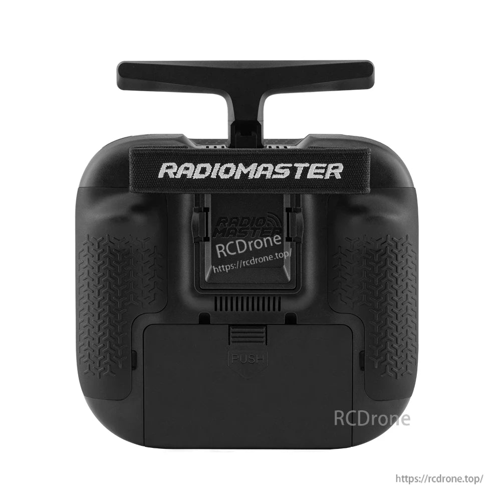 TX15 Max rear view with RadioMaster neck strap mount, textured grips, and battery cover