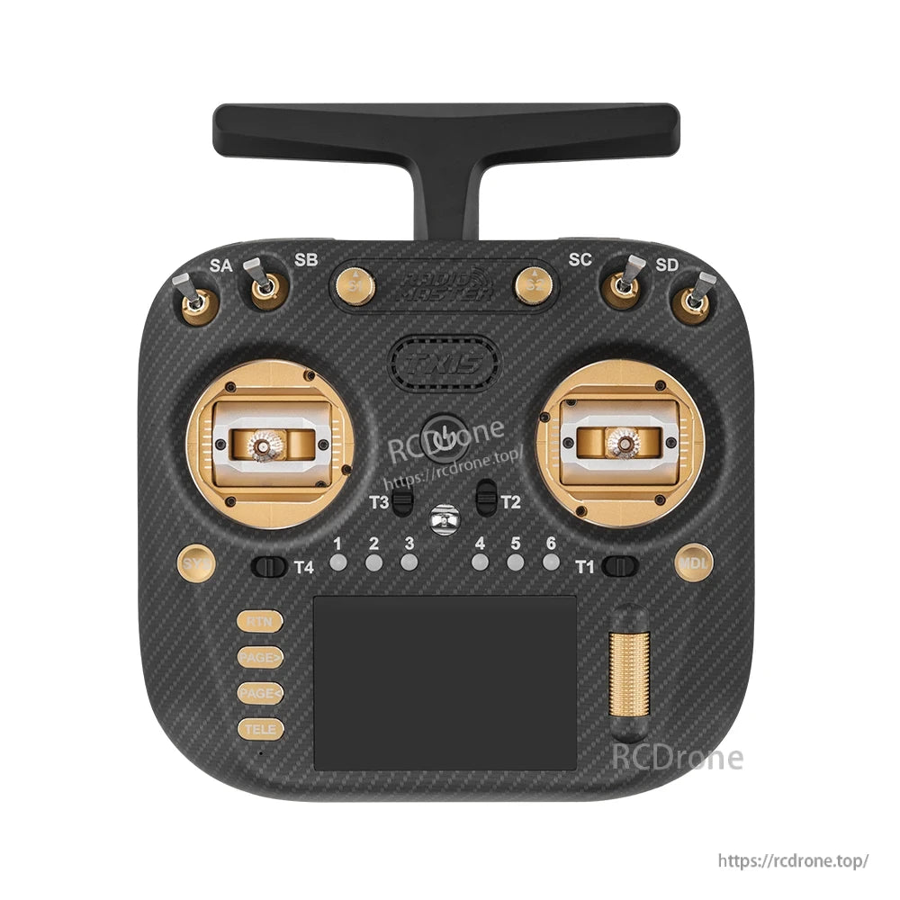 TX15 Max transmitter front view with gold gimbals and switches, carbon-fiber style faceplate