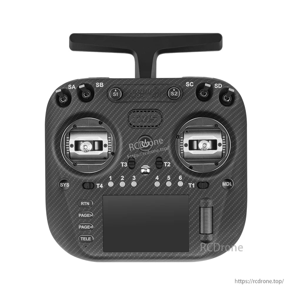 TX15 Max radio controller front view with silver gimbals, top switches, and touchscreen display