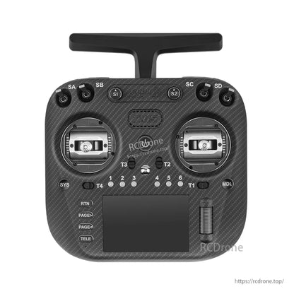 TX15 Max radio controller front view with silver gimbals, top switches, and touchscreen display