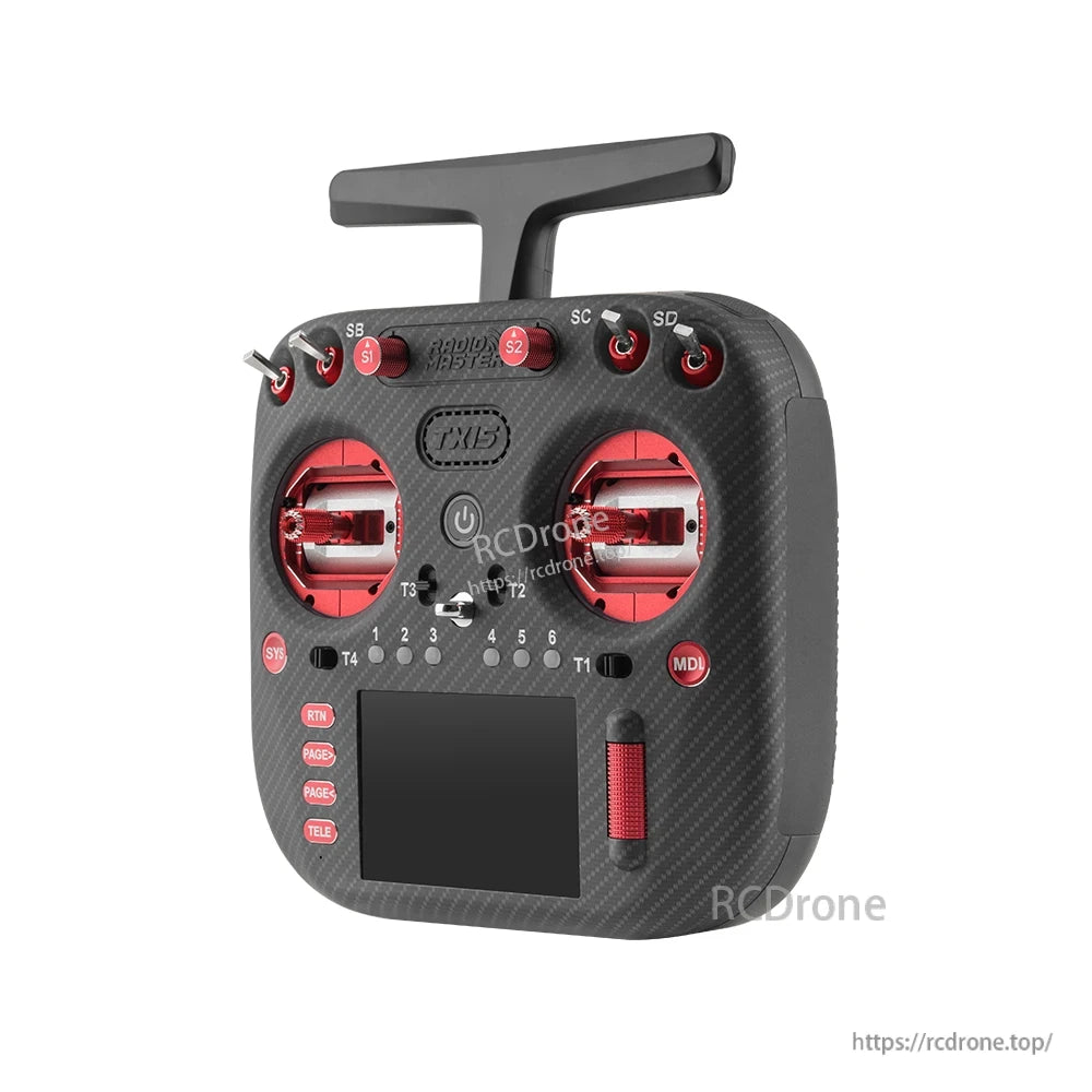 Angled view of TX15 Max controller with red gimbals, top toggles, and front touchscreen