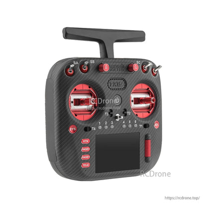 Three-quarter front view showing TX15 Max switch layout, gimbals, and textured side grip